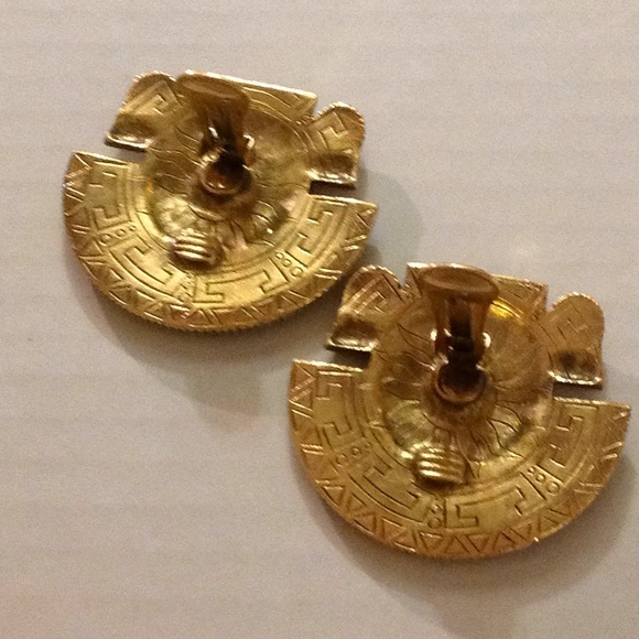 OOAK Retro XL Mayan Aztec Tribal Onyx Coral Stone Clip Earrings - Picture 6 of 8